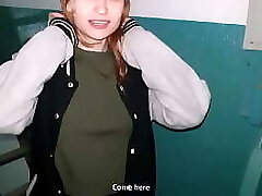 Redhead girl deep throated in the stairwell while parents were at home