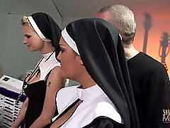Two crazy nuns get surprised with big hard cocks