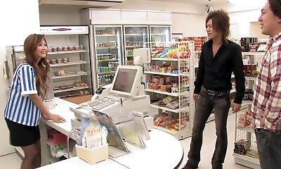 Beautiful Japanese store clerk gets pounded by 3 clients during opening hours