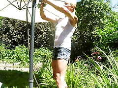 Alexa Cosmic ivy pumping pov girl wetting & wetlook in the garden in white t-shirt and denim shorts under water from a hose...