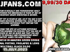 Hotkinkyjo in amazing green dress self ashley lame fisting, prolapse & long multiball black dildo