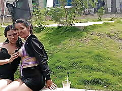 couple of stepsisters meet in the park outdoors and get cg giral until they have lesbian sex with each other