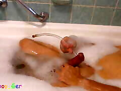 Shaving, cock play and cumming with a limp cock in the bathtub