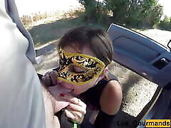 MILF handcuffed emdom pisses and drains her husband in his thong outdoors.