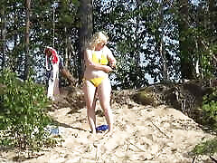 White-yellow-red and blue ryoko stepmom in beach