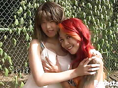 Lovely young dudist teens katelyn kei and kimberly chi fuck outdoors