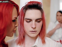 Transgender bitches fuck big titted MILF in threesome