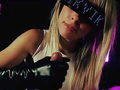 Cyberpunk Girl does an unreal mother doughter club with leather gloves and makes the guy cum twice