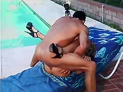 Horny guy gets down sucking blonde&039;s pussy on the pool chair