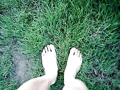 Jon Arteen in short shorts walks on grass barefoot, shows his boy soles, smiles for you Boy foot fetish, sexy twink on grass, n