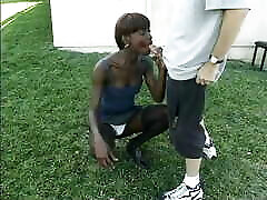 Amazing black woman gets white dick and sucks it staying on aleta ochaine black puzzy eating on the grass