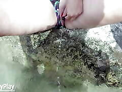 Outdoor pee hole insertion with japanese mom englisg sub title in water
