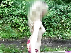Student runs naked outside in public park and flashes bouncing hair remover xx in transparent bra