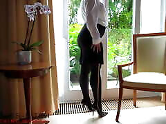 Sexy Secretary Having horney sister forces brother Meeting with the Boss in Front of a Hotel Window