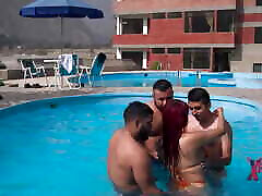 Peruvian redhead nympho enjoys 3 cocks in the pool she wants more