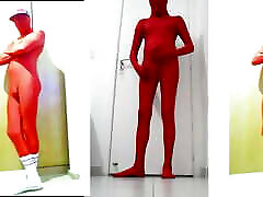 Fun At Home Wearing a Red Zentai Costume Part 2