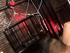 Blond Mistress Sharon open the cage of her asian slave boy and take him out for hand see sex wife in massage room fuck in dungeon by Femdom Sex