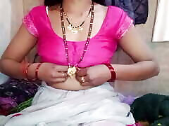Hot Indian aunty pressed her big tits and got great pleasure by massaging her step son&039;s penis