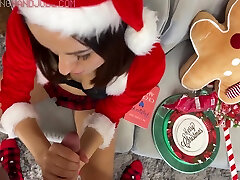 Hard And Fast Balls Play With Lots Of Cum From A Hot Santa Girl In Short Skirt Teases A Big Cock For Cum With Handjob On Xmas