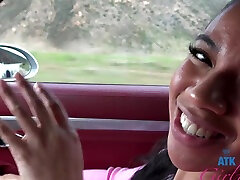 Ebony babe Ameena Green spreads legs to be fingered in the car