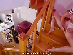 DAY 18 - Step mom stuck in stairs watching on step son. Stepson fucks step mother and cum inside