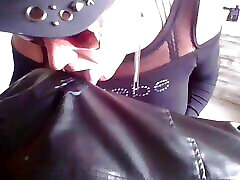 Sexy Hot Crossdresser in Leggings with French Nails Leather Jacket licking CUM