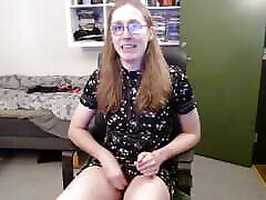 Sissy shemale jerks off and shows small dick to livestream in a cute dress while drinking hot coffee