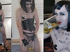 Sissy Whore in PVC and High Heels Drinks Her Own Piss