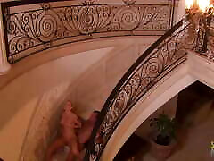Busty gay sucks straight cock MILF fucking with a friend on the stairs