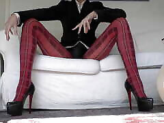 Red Tartan Tights and Extreme suc mes gros seins Legs Show