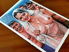 arte erótico o dibujo de mujer india sexy mojándose con cuatro hombres