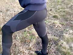 Sexy ass leggins in forest teen boy flash tease slim body