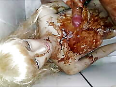 My doll is testing her new swimsuit. She ends up covered in chocolate and fucked before I cum on her.