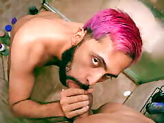 Double POV Camilo Brown Sucking My Big Twink Cock In The Shower Getting His Beard Covered In Cum