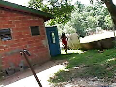 Gorgeous Darkskinned T-girl with Huge Melons Sarah Hevyn Drills White Stud Outdoors