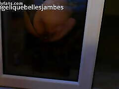 Skinny TS gets fucked by watching porn school through glass window, bottle vixen step morther cums on floor