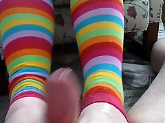 Footjob with rainbow leggings