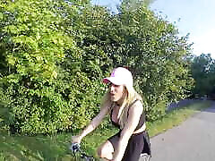 Tranny girl nude while cycling! She rides not only the bike, also a dildo!