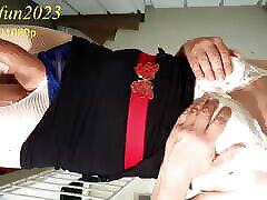 V66 - Big-tit Shemale in Lingerie Micro-dress, Rides and Cums.
