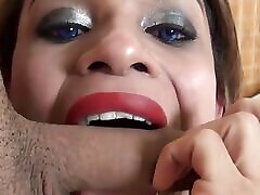 Busty latina shemale jerks off while getting fucked in