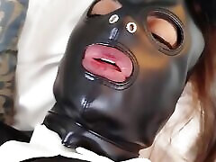 Latin girlfriend BDSM masked slave catsuit is banged by her master with slapping, whiping and anal plug till cum in her pussy