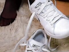 White Sneakers - White Jeans - Black Reinforced Toe Pantyhose