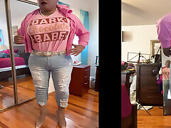Black babe Danae as a butch bald strong black woman in ripped tight jeans
