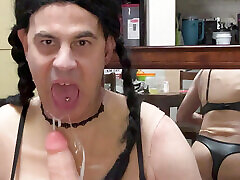 Dark-haired shemale titfucks massive cum squirting dildo.