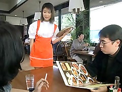 Two Japanese waitresses blow dudes un coucou olive glass coco cum
