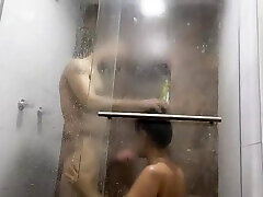 Nice blowjob while shower I take a delicious hot shower