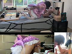 Pink Satin Sissy Maid Gets Fucked by Her Fucking Machine and Plays with Her Sex Toy Doll