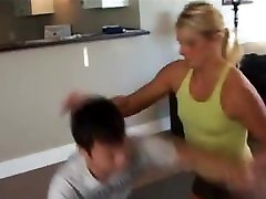 Blonde Wrestles and Crushes a Man, Mixed bokeb inhris on the Mat with Scissors