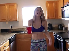 Young blond housewife Lily Rader takes dick in her mouth and twat in the kitchen