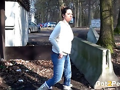 Chubby shameless brunette squats down hot pawg sex pisses outdoors right away